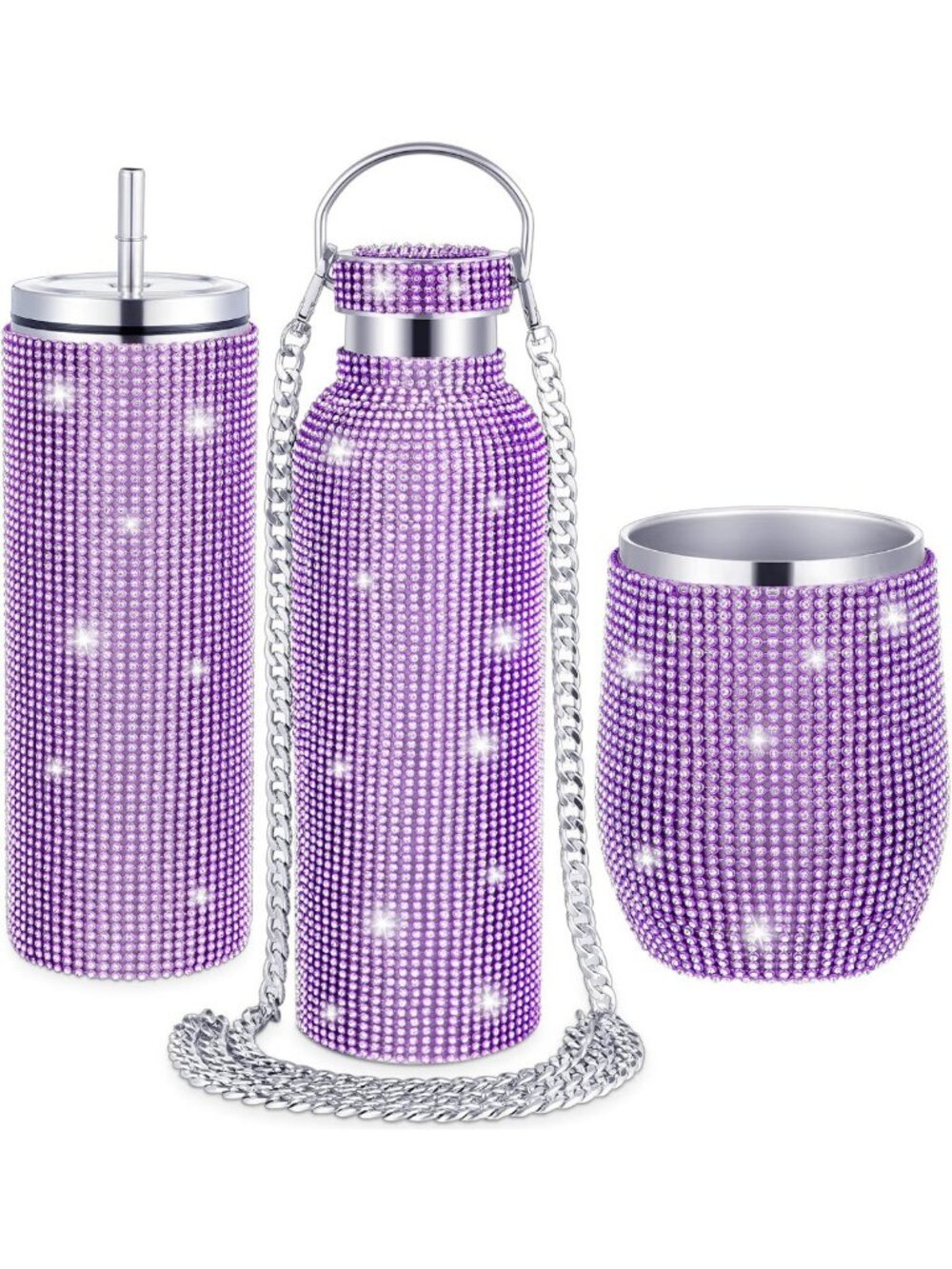 3 Pcs Purple Rhinestone Insulated Stainless Steel Tumbler Set - Stylish